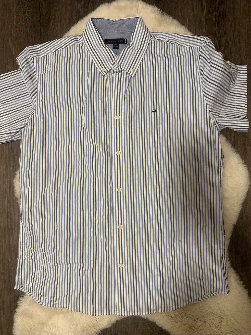 Tommy Hilfiger Men’s Blue & White Vertical Stripe Button-Down Shirt size large